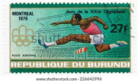 BURUNDI - CIRCA 1976: A stamp printed in Burundi shows Running, series 21th Olympic Games, Montreal, circa 1976