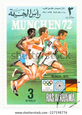 RAS AL KHAIMA - CIRCA 1972: A stamp printed in Ras Al Khaima shows runners, series 20th Olympic Games, Munich, circa 1972