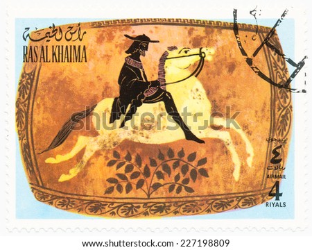 RAS AL KHAIMA - CIRCA 1972: A stamp printed in Ras Al Khaima shows antique rider, series 20th Olympic Games, Munich, circa 1972