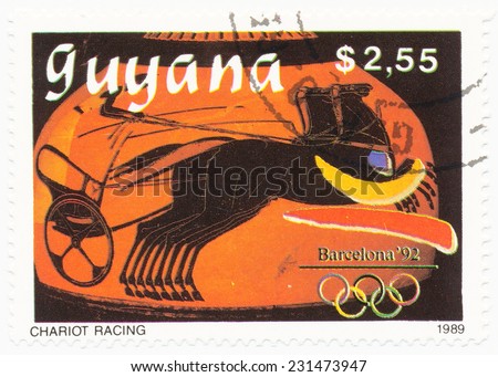 GUYANA - CIRCA 1989: A stamp printed in Guyana shows Chariot racing, series Olympic Games in Barcelona, circa 1989