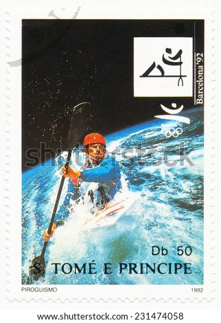 ST. THOMAS AND PRINCE ISLANDS - CIRCA 1992: A stamp printed in St. Thomas and Prince Islands shows Canoeing, athlete and the planet Earth, Olympic Games in Barcelona, circa 1992