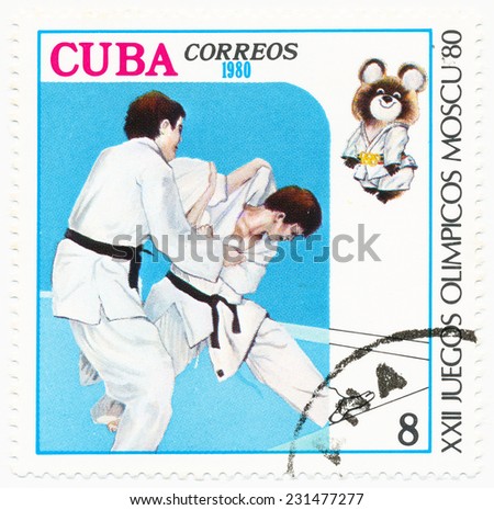 CUBA - CIRCA 1980: A stamp printed in Cuba shows judo, Olympics in Moscow, circa 1980