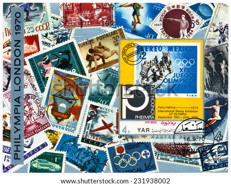 YAR - CIRCA 1970: A stamp printed in Yemen Arab Republic  shows stamps of different countries and the Mexican brand dedicated XIX Olympiad, exhibition Philympia London, circa 1970