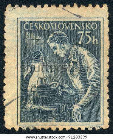 stock photo : CZECHOSLOVAKIA - CIRCA 1954: A stamp printed in Czechoslovakia, shows Lathe operator, series, circa 1954