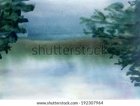 watercolor sketch of a morning landscape with the river
