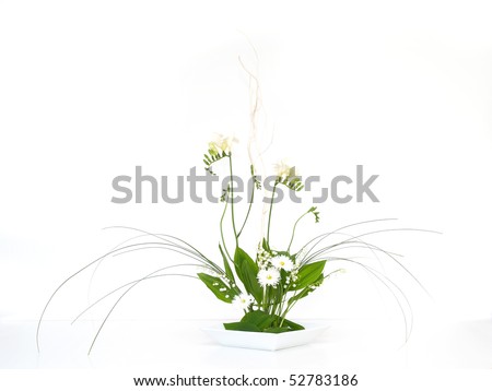 floral decoration with freesia,  lily-of-the-valley, daisy and green leaf on white background