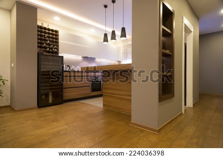 Kitchen interior in spacious apartment