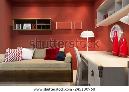 Interior of red student (teenager) room - back to school