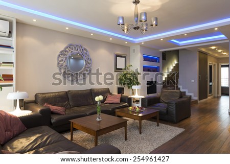 Luxury specious living room interior with modern ceiling lights