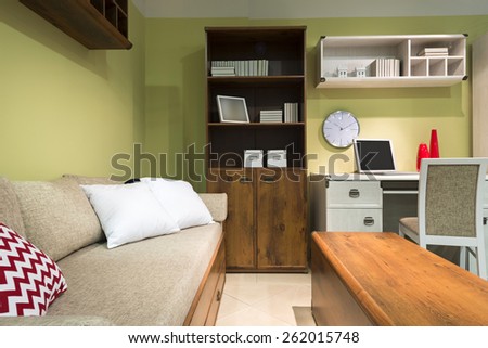 Interior of student (teenager) room in the evening
