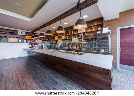 Lunch counter at modern public catering restaurant