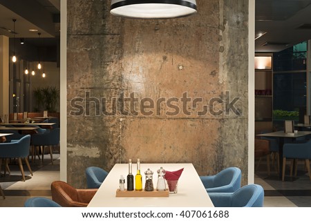 Modern restaurant interior with concrete wall