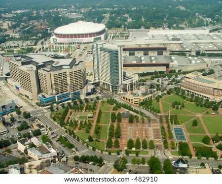 High altitute view of the Atlanta downtown core around the Georgia World Congress Center.