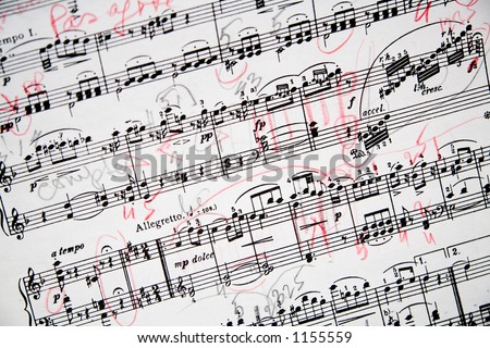 Part of an extensively annotated music sheet of Mozart\'s Fantasia in D minor.