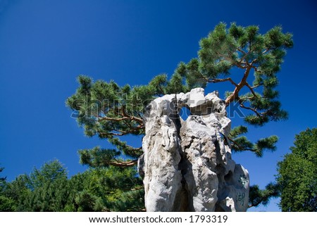 a chinese-style rock sculpture in front of an evergreen and a deep blue sky.