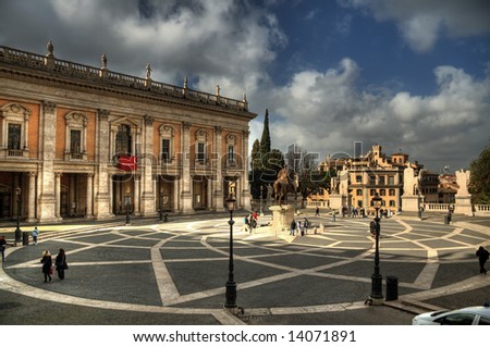 stock photo : Michelangelo's Piazza del Campidoglio in Rome's Capitol Hill. Pseudo HDR created from a single RAW image.