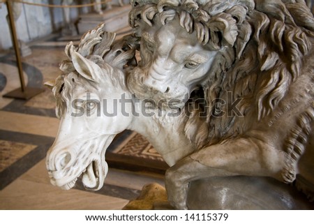 This sculpture from the Vatican museum depicts a lion attacking a horse.