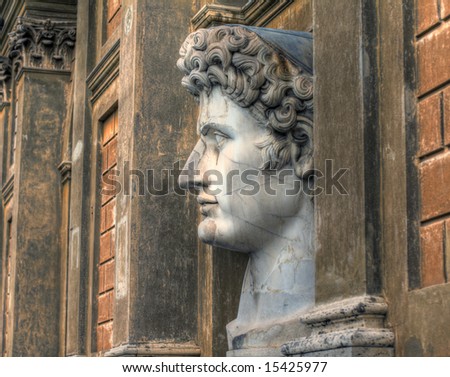Side view of the head of a very large statue of Roman emperor Marcus Aurelius. Pseudo HDR image created from a single RAW file.