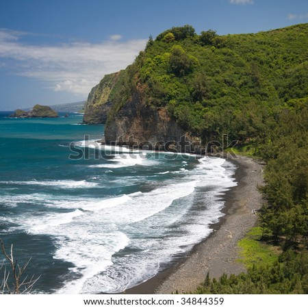 Pololu Valley and its black sand beach on the Northern tip of Hawaii\'s Big Island.