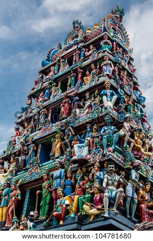 SINGAPORE-APRIL 11: The tower of the Sri Mariamman Temple, the oldest Hindu temple in Singapore on April 11, 2012. It was founded in 1827, is now a National Monument and major tourist attraction.