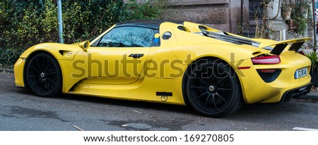 Stuttgart, Germany - January 1, 2014: Porsche 918 Spyder Prototype (Hybrid Using A V8 Plus Two Electronic Motors) Is Parked In The Streets Of Its Hometown On January 1, 2014 In Stuttgart, Germany.