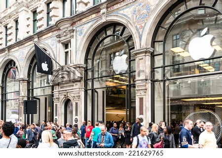 LONDON, UK - SEPTEMBER 27, 2014: Customers are populating the Apple Inc. store in Regent Street in order to admire the new Apple iPhone 6 and iPhone 6 Plus on September 27, 2014 in London, UK.