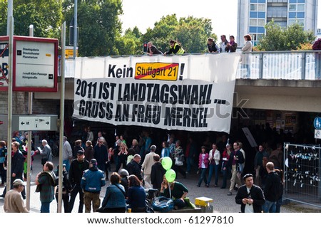 STUTTGART - SEPT 18: 55K people protest against the S21 rail project in the Schloss-Park on Sept 18, 2010 in Stuttgart. S21 station is one of the most expensive and controversial railway projects
