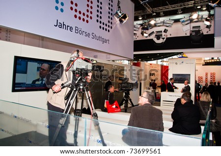 STUTTGART - MARCH 18: Booth of Boerse (Stock Exchange) Stuttgart with TV studio to record financial news at \