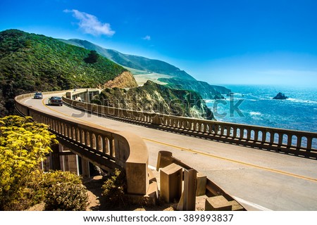 Bixby Creek Bridge on Highway #1 at the US West Coast traveling south to Los Angeles