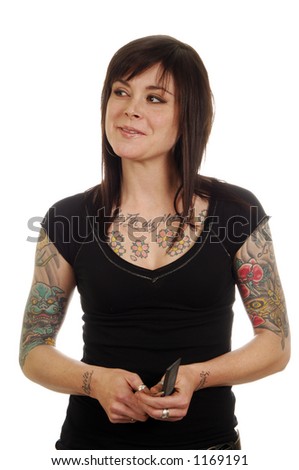 stock photo : Hip Happy Hairstylist with Body Art Tattoos