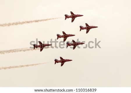 ZHUKOVSKY, MOSCOW REGION/RUSSIA - AUGUST 10: Royal Air Force Aerobatic Team Red Arrows Hawk T1 BAE Systems on airshow devoted to 100 anniversary of Russian Air Forces on August 10, 2012 in Zhukovsky.