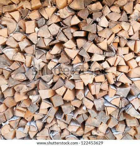 Numerous butts of dry chopped birch firewood in store.