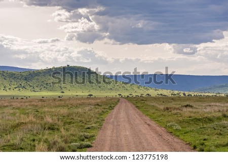 Vanishing dirty road in savanna against mountain and cloudy sky background. Serengeti National Park, Tanzania, Africa.