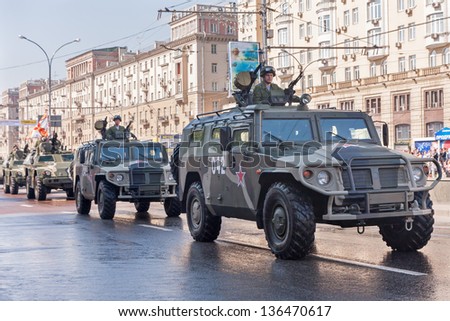 MOSCOW/RUSSIA - MAY 9: Tigr (tiger) high-mobility armoured vehicle GAZ-2330 motorcade moves on parade festivities devoted to 65th anniversary of Victory Day on May 9, 2010 in Moscow.