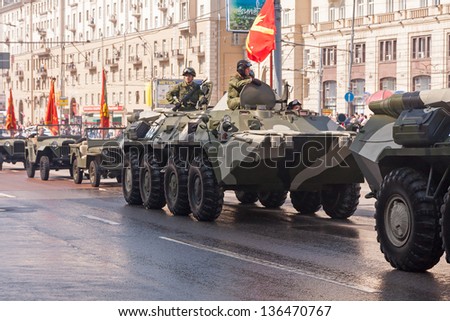MOSCOW/RUSSIA - MAY 9: Russian Army motorcade moves on display during parade festivities devoted to 65th anniversary of Victory Day on May 9, 2010 in Moscow.