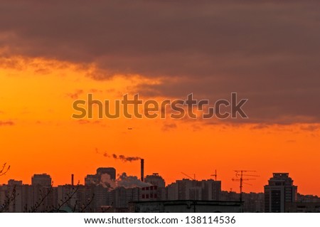 Beautiful sunset with cloudscape over skyline. Moscow, Russia.