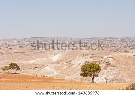 View on Palestinian city in Judean desert landscape not far from Bethlehem. Palestine, Israel.
