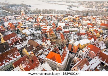 Winter Panorama Of Medieval Town Within Fortified Wall. Top View From &Quot;Daniel&Quot; Tower. Nordlingen, Bavaria, Germany.