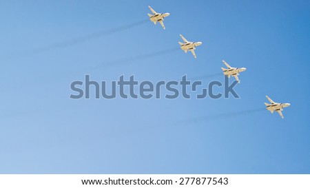 MOSCOW/RUSSIA - MAY 7: 4 Sukhoi Su-24M (Fencer) supersonic all-weather attack aircrafts on rehearsal of parade devoted to 70-th Victory Day aniversary on May 7, 2015 in Moscow.