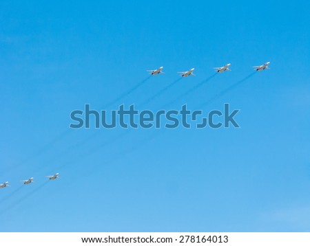 MOSCOW/RUSSIA - MAY 7: 7 Sukhoi Su-24M (Fencer) supersonic all-weather attack aircrafts on rehearsal of parade devoted to 70-th Victory Day aniversary on May 7, 2015 in Moscow.