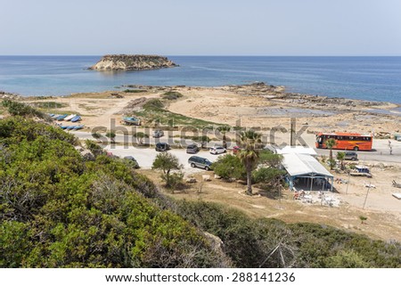 CAPE DREPANO, CYPRUS - APRIL 27: Panoramic view on marina with cars and bus on parking on April 27, 2015 in Cape Drepano.