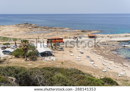 CAPE DREPANO, CYPRUS - APRIL 27: Panoramic view on marina with cars and bus on parking on April 27, 2015 in Cape Drepano.