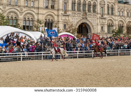 MOSCOW - SEPTEMBER 7: Cossack girls of The Kremlin School of Horse Riding presentation on International Military Music Festival \'Spasskaya Tower\' on September 7, 2015 in Moscow.