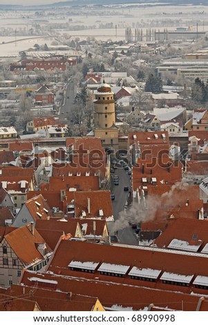 Winter panorama of medieval town from height.  Top view from St. David tower. Nordlingen, Bavaria, Germany
