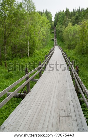 Lengthy wooden footbridge with rails.  Malye Korely. Arkhangelsky region, Russia.