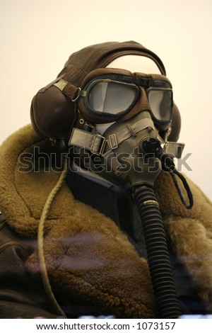 Vintage flying gear on a mannequin showing a hat, face mask and thick furry coat