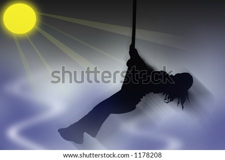 The sky\'s the limit : Illustration of a young girl on a swing being lifted up into the night sky.