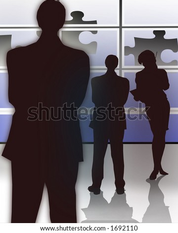 Illustration of a business concept, three business people in front of a large screen brainstorming