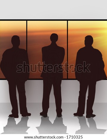Conceptual illustration of three businessmen looking out of the window envisioning the future.