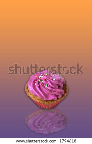 A single mini cupcake with purple butter icing and silver ball sprinkle isolated on gradient background with reflection